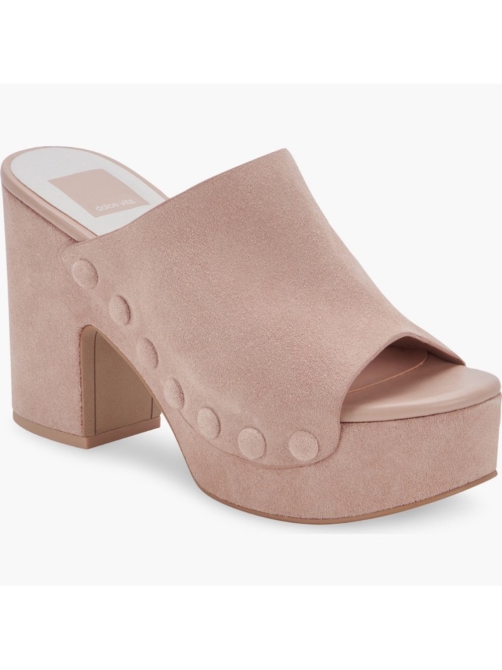 Dolce Vita "Emol" Blush Pink Tan Suede Platform Clog Mules Open Toe Sandal 70s